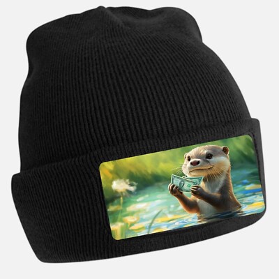 Black Cool Otter Money Print Beanie Hat - Unisex Cap, Cotton
