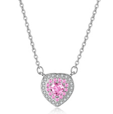 925 Sterling Silver Halo Heart Pendant Necklace Pink CZ Girl Women 16-18" PE57