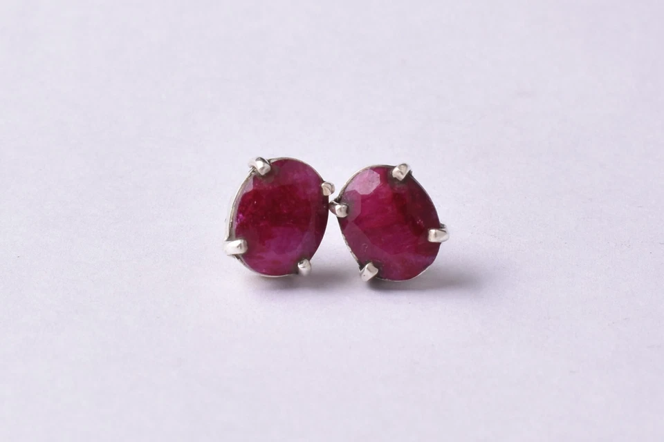 Handcrafted 925 Sterling Silver Ruby Gemstone Prong Set Stud Earrings Women Wear - Image 4 of 4
