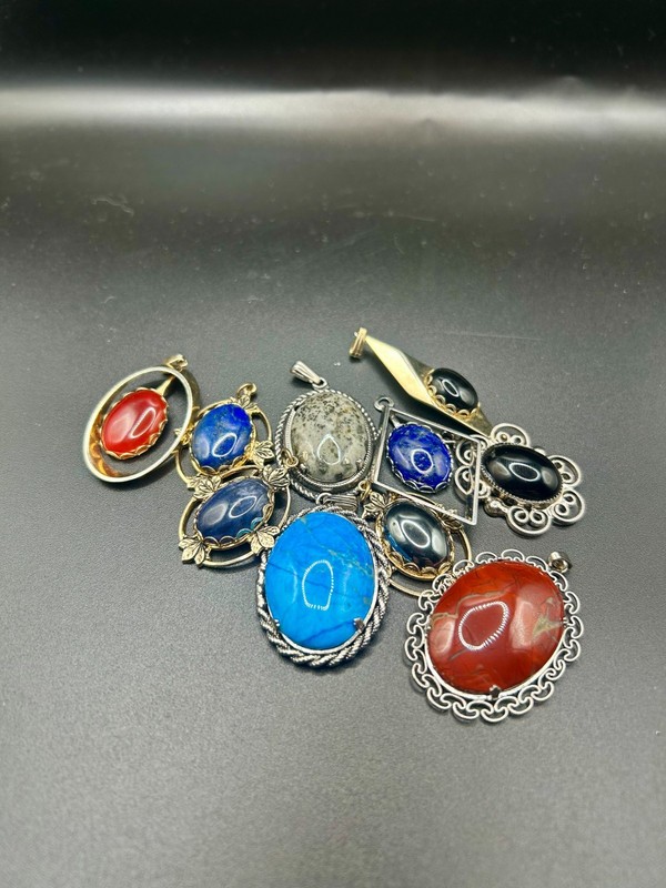 10 Vintage Handmade Pendants, Cabochon, Settings, Made in USA