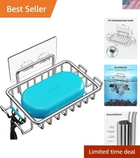 Elegant Stainless Steel Shower Soap Dish with 4 Hooks for Razors and Sponges