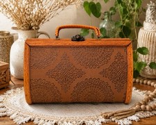 Vintage 40s Style Carved Wooden Box Purse Embossed Floral Handle Handbag Boho