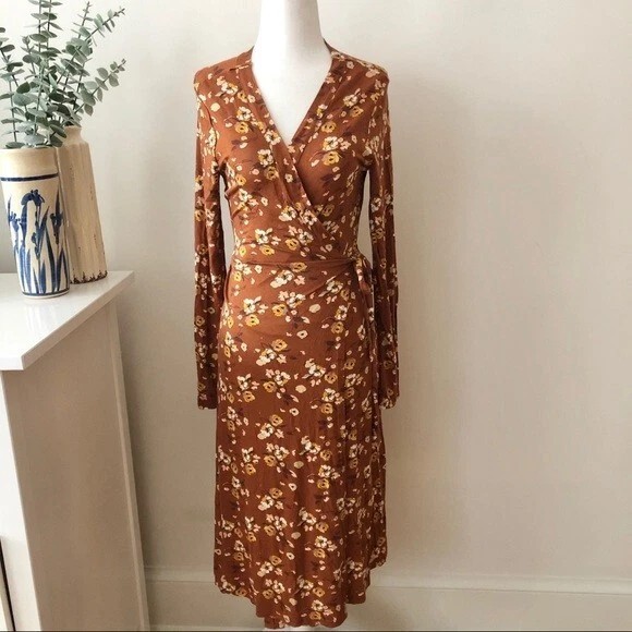 Garnet Hill Womens Wrap Dress Size XS Fall Autumn Earth Tone Color Floral Print