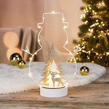 Metall Schneemann Holztannenbaum 21,5x9,5x28,5cm 20 LED's warmweiss Kupferlicht