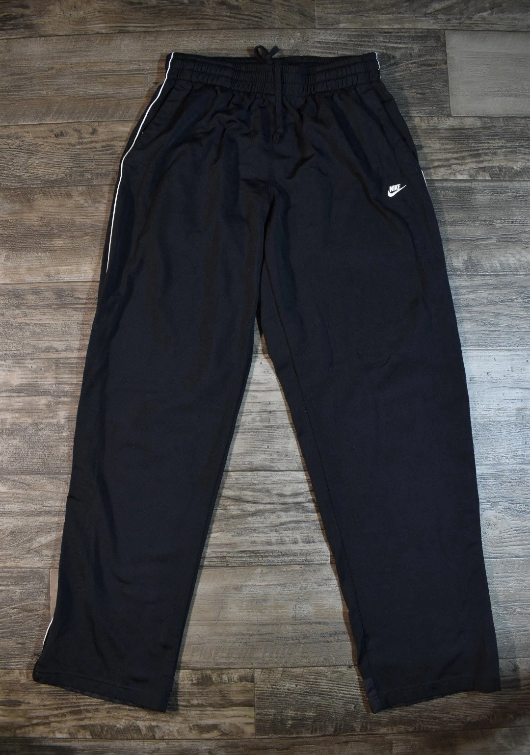 Vtg Nike Track Pants Men L Black Baggy Wide Leg Logo Pockets Ankle Zip Y2K 30x33