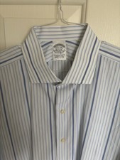 BROOKS BROTHERS SHIRT Men's 17.5 36 White  Blue Stripes Oxford Button Down