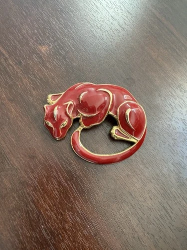 Vintage Red Enamel Panther Brooch With Gold Trim Costume Jewelry 1980s