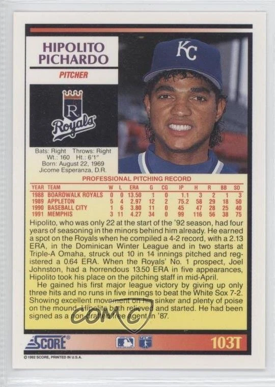 1992 Score Rookie & Traded Hipolito Pichardo #103T RC - Image 2 of 2