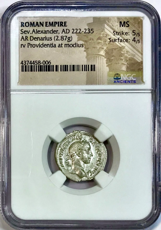 Impresionante Audaz 222-235 dC Severo Alejandro Antiguo Denario de Plata Romano NGC MS Foto 2 de 4