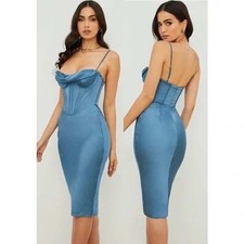 House of CB Dress Womens Small Blue Myrna Aegean Corset Midi Satin