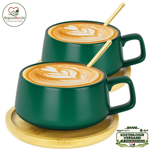 Cappuccino Tassen Set 2 StüCk Steingut 320Ml Dickwandig GrüN FüR Kaffee Tee-image