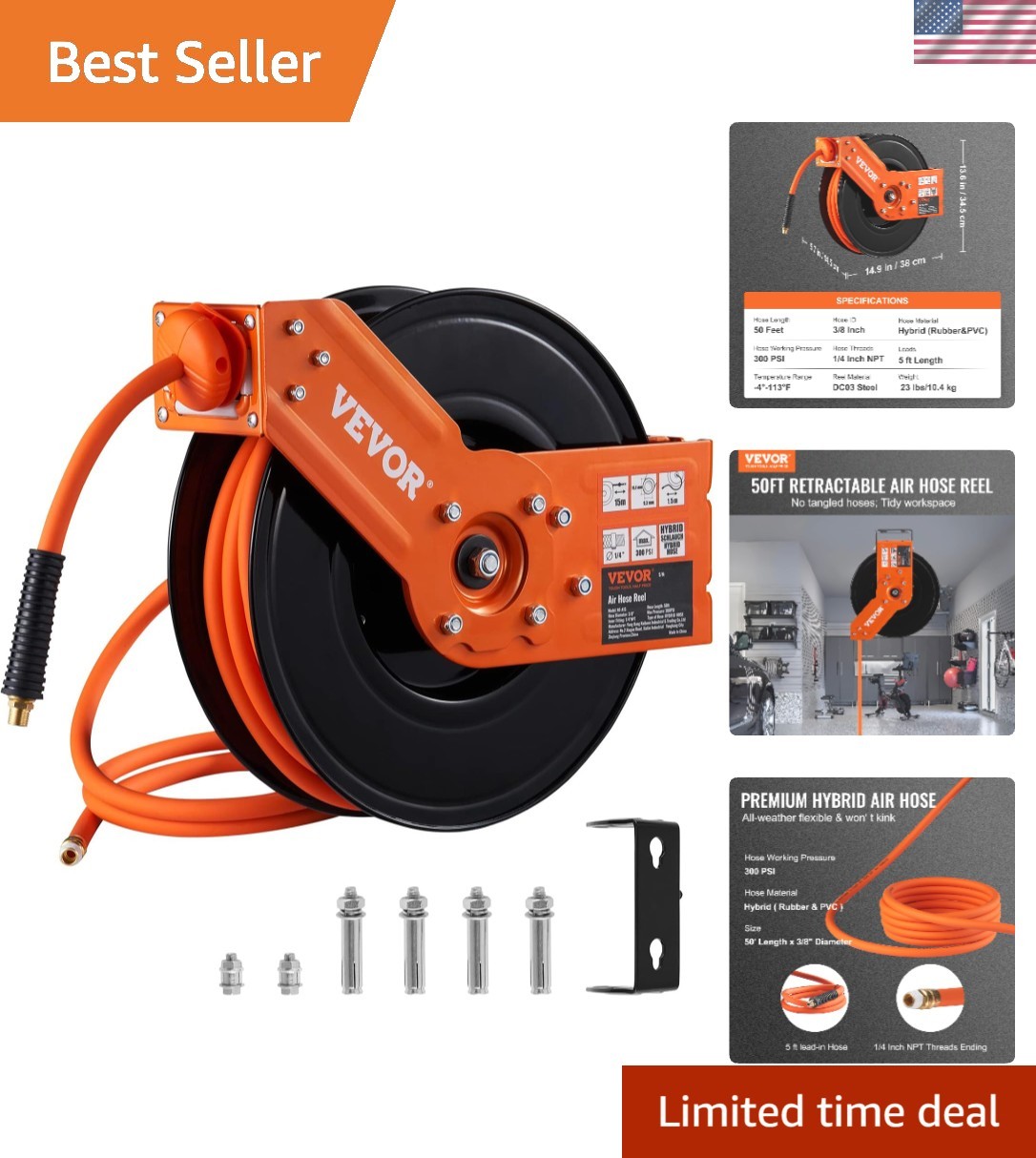 Professional Grade 3/8 IN x 50 FT Air Hose Reel &ndash; Automatic Retractable Design