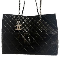 CHANEL Black Patent Leather Tote CC Charm Silver Hardware *READ* Large
