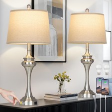 30" Table Lamps Set of 2, 3 Way Touch Control Living Room Lamp with USB Silver