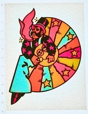 Original VINTAGE 1970s Heat Transfer | Colorful Wizard Riding Rainbow