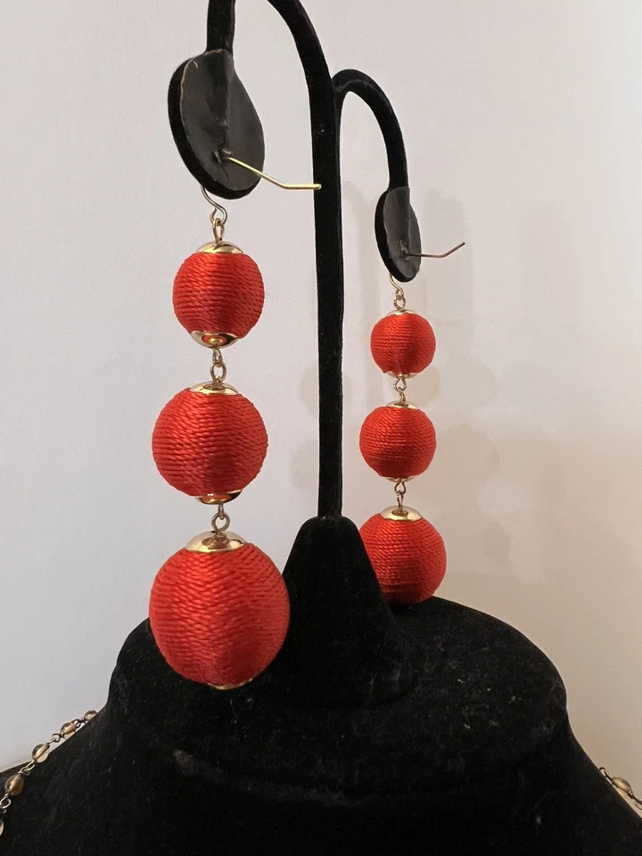 Red Silk String Triple Ball Fish Hook Pieced Earrings 3” L Gold Tone - Image 3 of 4
