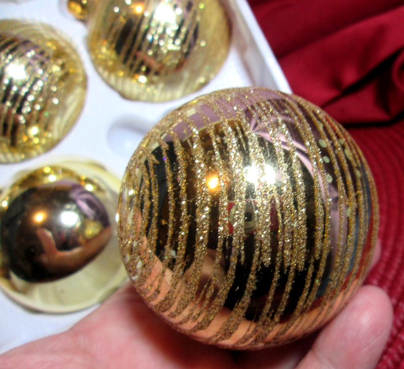 6- Unique Treasures Shiny Gold & Glitter Darice Christmas Glass Ball Ornaments