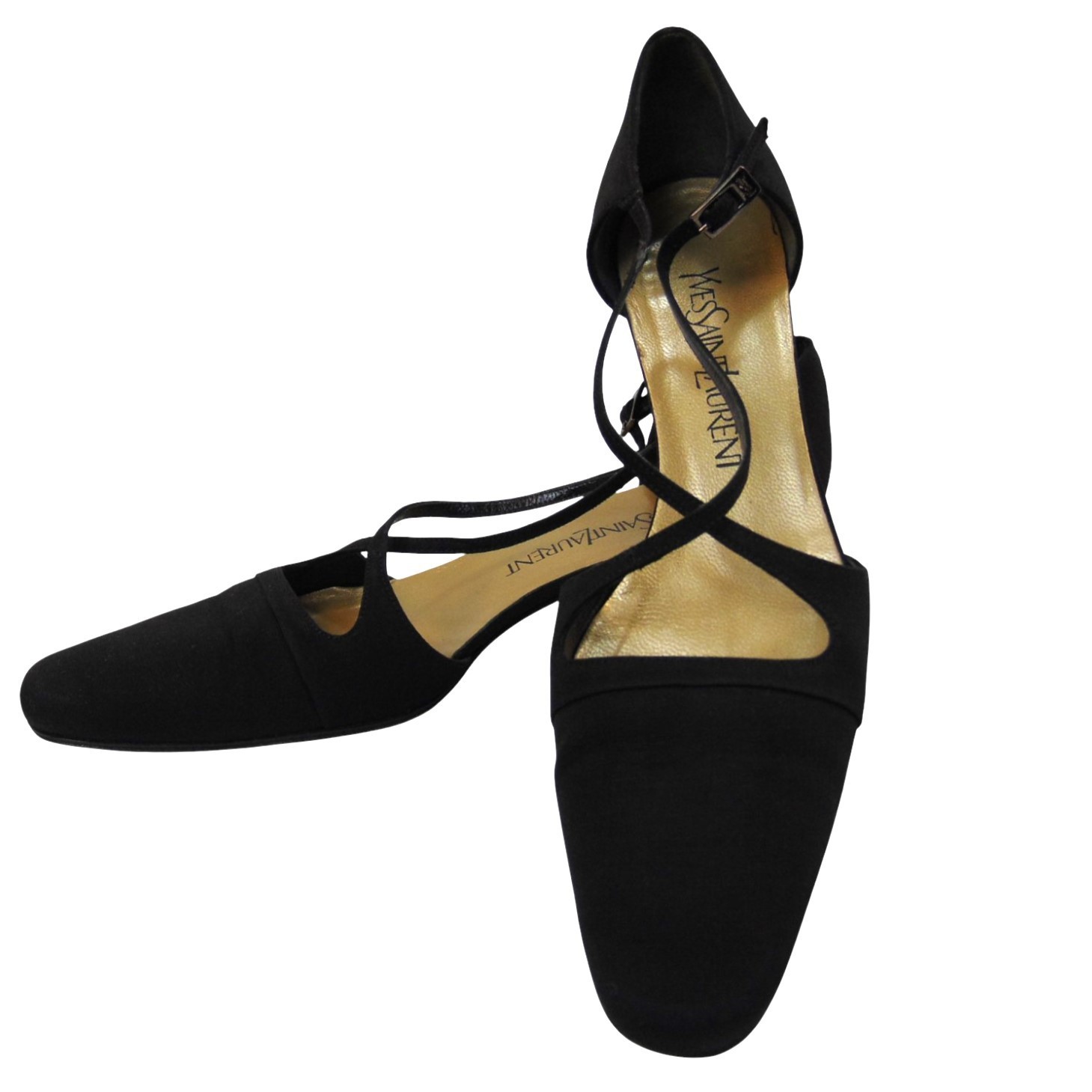 YSL Black Pumps NARROW 8.5 Vintage Yves Saint Laurent Cross Strap Italy thumbnail 3