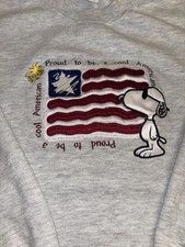 Vintage 90 s Snoopy USA Flag Embroidered Sweatshirt Peanuts Crewneck Gray Sz L
