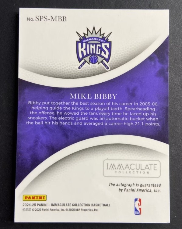 Mike Bibby 2024-25 Panini Immaculate Collection Sophisticated Auto /75 #SPS-MBB view 2