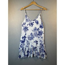 Lulus White Blue Floral Ruffle Mini Dress Small Sleeveless V-Neck Summer