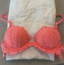 Victoria's Secret Padded Lace Front Clasp Vintage Push Up Bra 32A Neon Pink 2016