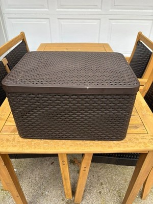 CURVER Basketweave Storage Bin w/Handles + Lid - Brown - 17.5 x 13 x 9.5 (w/Lid)