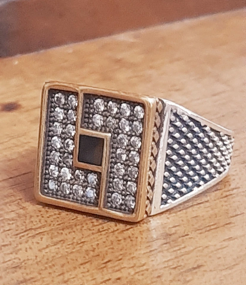 ANELLO UOMO Onice ARGENTO 925 sigillo solitario smalto Ring Man Sterling Onyx $ - Immagine 3 di 4