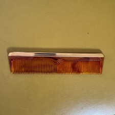Vintage Faux Tortoise Shell Hair Comb Gold Tone Metal Spine Amber Resin Pocket