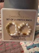Charlotte & Lexi Ring Set 2 Sterling Silver 14K Gold Plated Stretch Heart Pearls