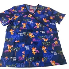 Disney Scrub Top Womens S Bambi Lost in the Woods Thumper Blue Owl V-Neck New