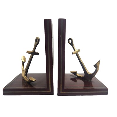 Brass and Wood Ship Anchor Bookends Set Home and Office Decor
