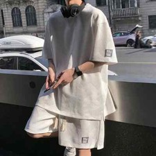 Summer Unisex Suit Men's Short Sleeve Waffle Casual Outfit T-shirt Shorts Set