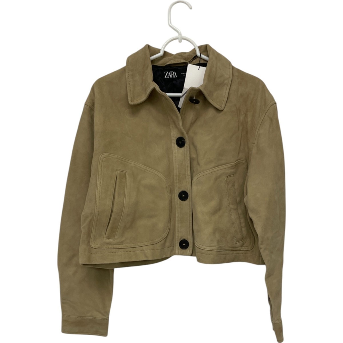 Zara Womens Leather Cropped Jacket M Medium Suede Beige Tan 4720