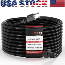 27ft 3-Core Outdoor Black Extension Cord SJTW 16AWG/15A 3 Prong 960W Waterproof