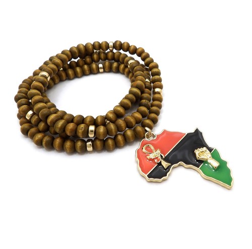 NEW FIST POWER & ANKH AFRICA PENDANT 6mm/30" WOODEN BEAD CHAIN NECKLACES RC3228 - Picture 11 of 13
