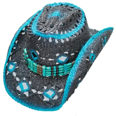 LIN42 Chapeau country western paille noir/bleu UNISEXE - Photo 1/2