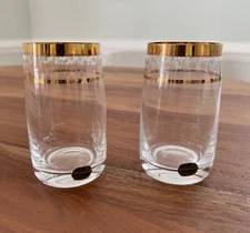 2 MCM Vintage Gold Embellished Glasses Bohemia Czech Republic Barware Retro EUC