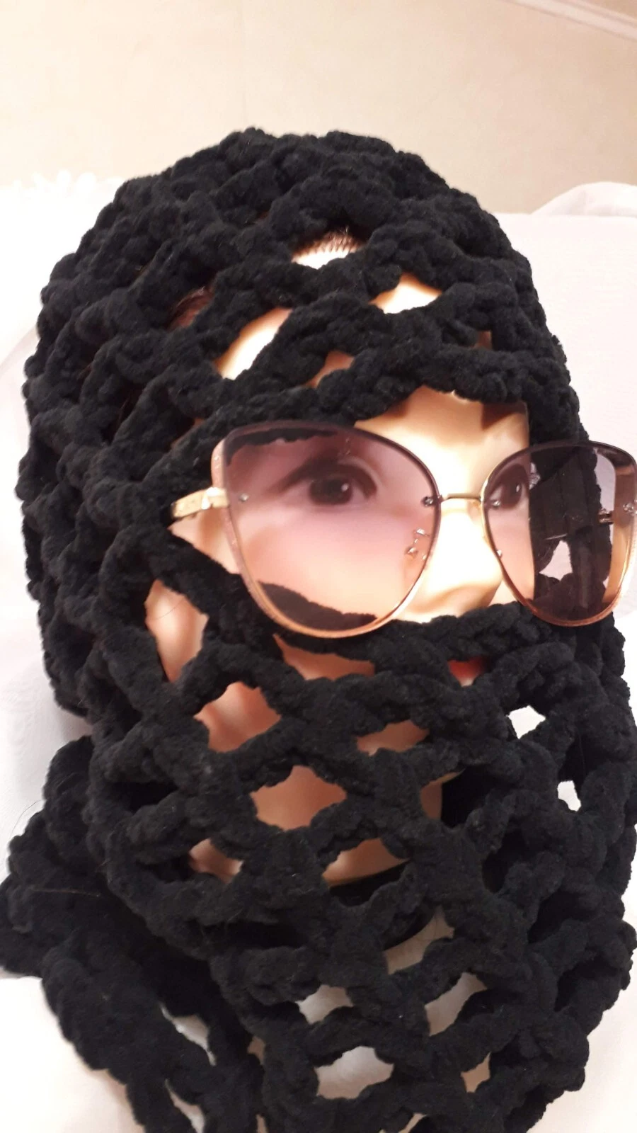 Handmade Crochet Mesh Balaclava – OOAK Artistic Knit Hood, Black Open Weave Hat