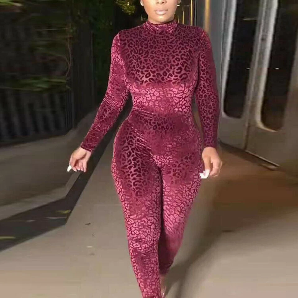 Новый плюс размер женщин длинные рукава леопард печать пэчворк узкие повседневный комбинезон - Изображение 2 из 4