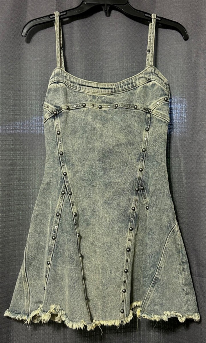 DollsKill Isabelle Denim Mini Dress with Studded Hardware Distressed  Hemline XS