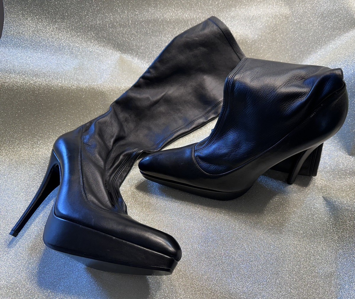 Dolce & Gabbana D&G Knee High Pointed Toe Black Leather PLEASE 