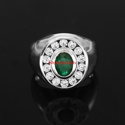 Lab Grown Emerald With 18K White Gold Plated Silver Ring For Men's #196