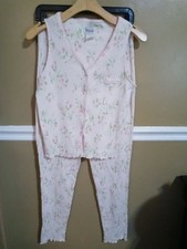 Vintage Vanity Fair 2 piece pajamas Set Pink Floral sleeveless top Pants Large