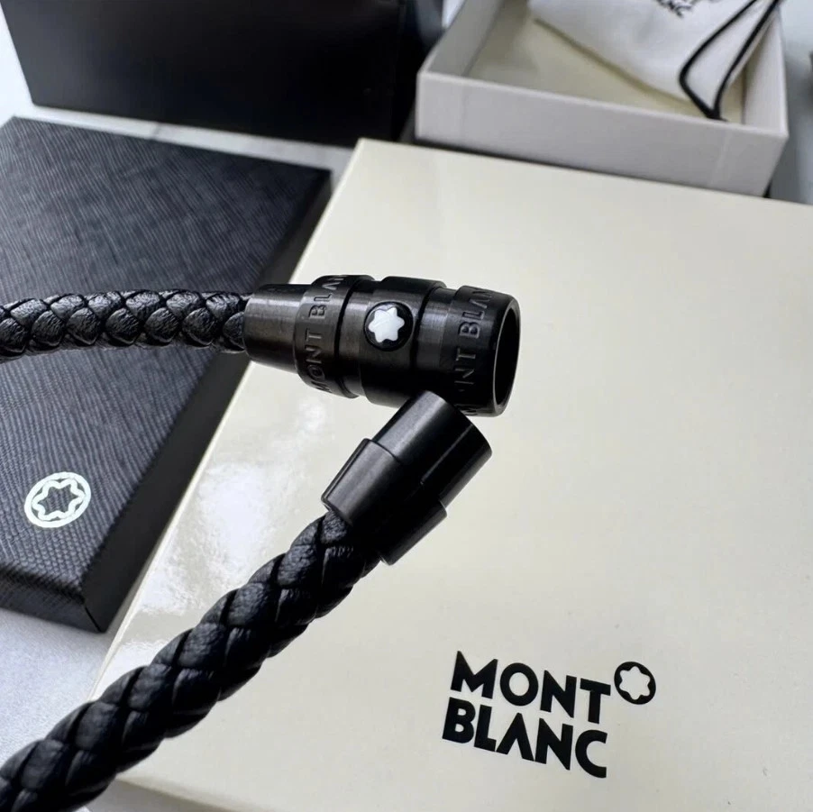 Montblanc Meisterstück Hombre Pulsera Cuero Negro 21cm Acero Inoxidable-Juego Completo Foto 4 de 4