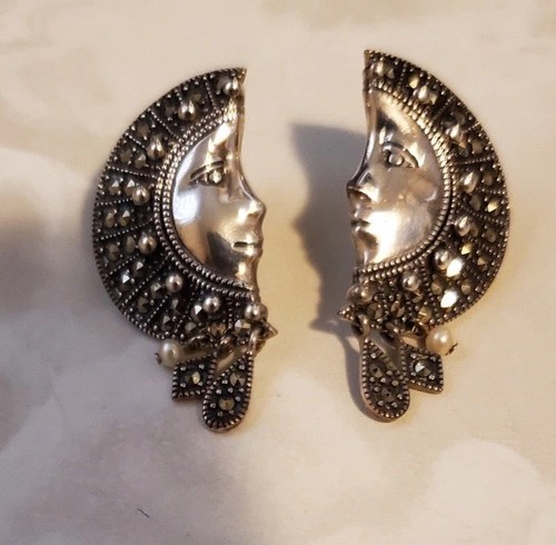 STERLING SILVER MARCASITE MOON FACE EARRINGS