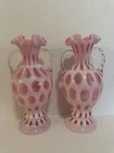 Fenton Cranberry Opalescent Coin Dot Pair Of 11” Double Handled Vases