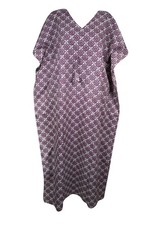 Women Plum Purple Block Print Cotton Kaftan Maxi Dress Boho Floral Caftan L- XL
