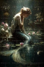 MERMAID IN A POND ART PRINT, Garden Flower Siren Poster, Cottagecore Witch Decor