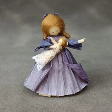 VTG HTF Homemade cornhusk Doll by Artist Nan Anderson blue dress woman w baby